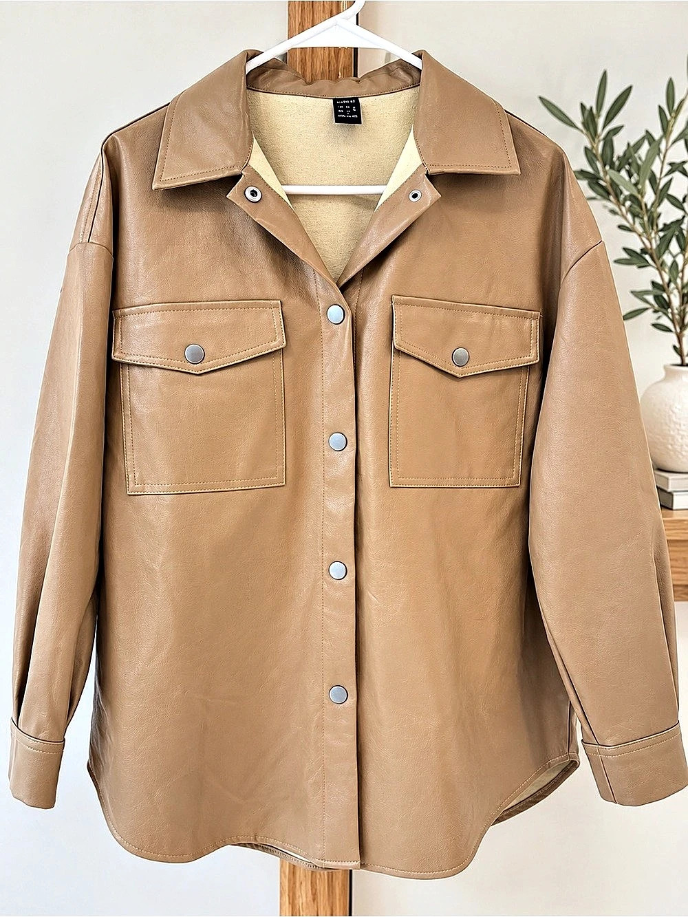 SHEIN Womenโs Small Tan Faux Leather Shacket Oversized Button Front Shirt Jacket